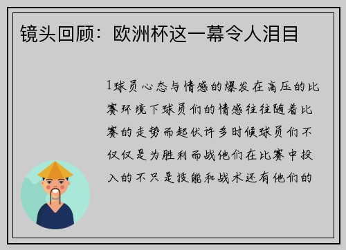 镜头回顾：欧洲杯这一幕令人泪目