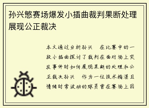 孙兴慜赛场爆发小插曲裁判果断处理展现公正裁决